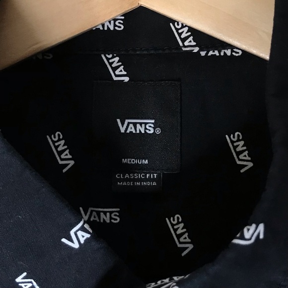 Vans Button Down Shirt Black White Spellout Short Sleeve Cotton Men’s Medium - Picture 4 of 10